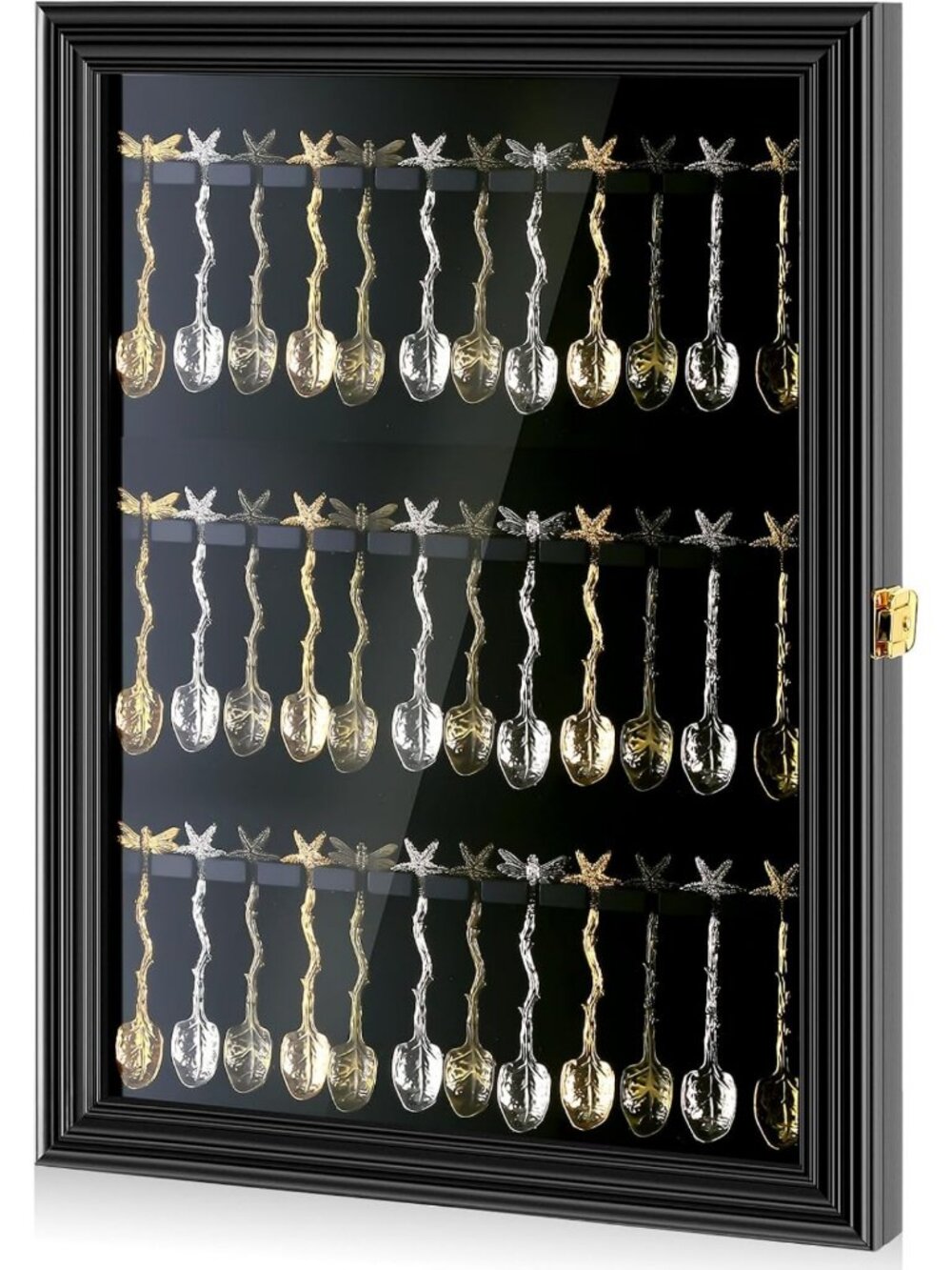 Wall-Mount Display Case for 36 Souvenir Spoons, Black Finish, Decorative Storage